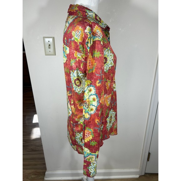 Cino Medallion Button Down Shirt Women's S Velvet Trim Red Crinkle Cotton BOHO - Picture 6 of 12